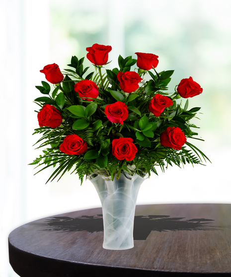 1 Dozen Roses in Hand Blown Designer Vase - Any Color