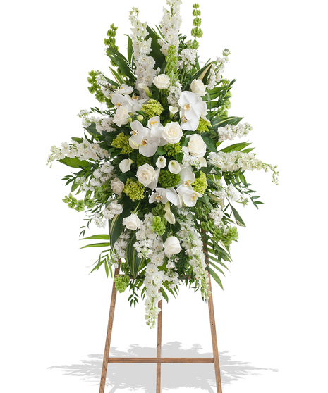 White and Green flowers on traditional standing funeral spray delivered Baton Rouge LA