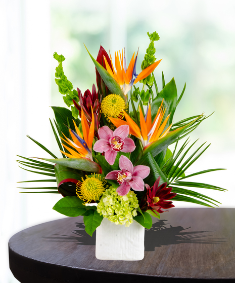 Luau tropical flower arrangement with bird of paradise, orchids, pincushion protea, and greenery in a white vase
