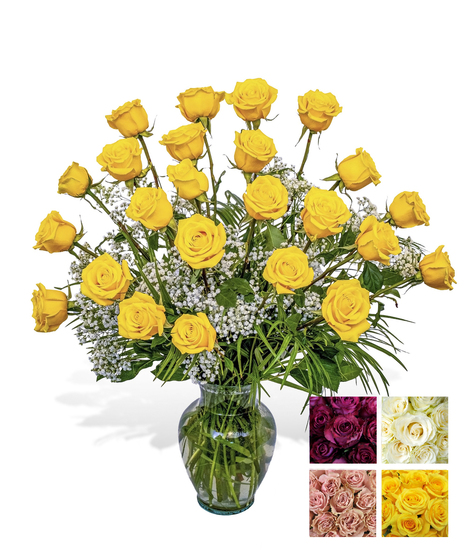 24 Beautiful long stem roses, Complete with greenery & baby's breath and designed in a glass vase.
