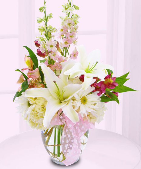 pink and white flowers to welcome new baby girl delivered baton rouge la