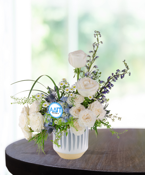 Alpha Delta Pi arrangement with white and blue ribbon sorority rush week baton rouge la