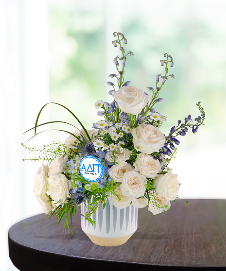 Alpha Delta Pi arrangement with white and blue ribbon sorority rush week baton rouge la