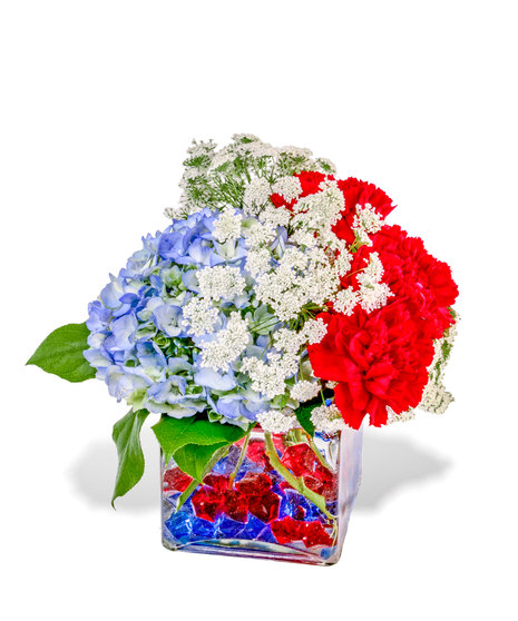 red white blue cube arrangement hydrangea roses queen anne's lace baton rouge la