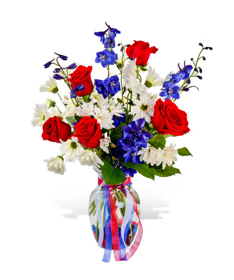 red white and blue arrangement with daisies roses and delphinium delivered Baton Rouge, LA