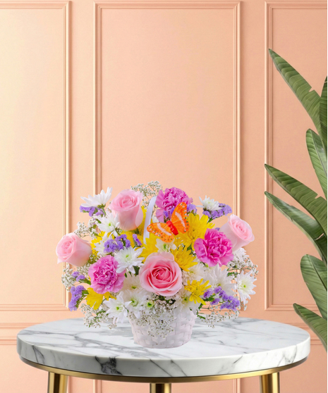 Basket of Blooms Easter flower arrangement featuring roses, mums, carnations, baby's breath, and an orange butterfly decoration in a classic white woven basket