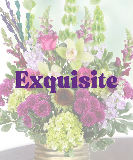 A Mardi Gras-themed arrangement featuring hot pink roses, green cymbidium orchids, purple mums, hydrangeas, and bells of Ireland in a gold vase with colorful bead accents.