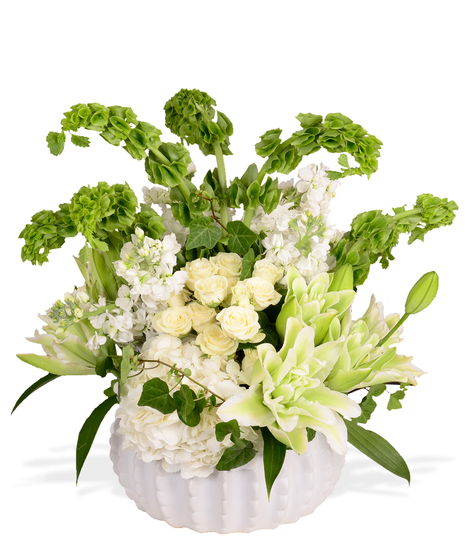 Bells of Ireland, Rose Lilies, English Ivy, Hydrangea, Spray Roses and More in a White Bowl delivered in Baton Rouge