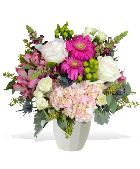 Garden Roses, Hydrangea, Rose Lilies, Snapdragons, Eryngium and more in a Bonna Pot from Accent Decor
