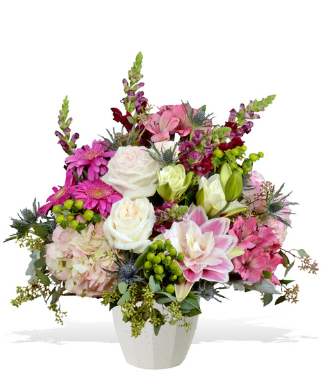 Garden Roses, Hydrangea, Rose Lilies, Snapdragons, Eryngium and more in a Bonna Pot from Accent Decor