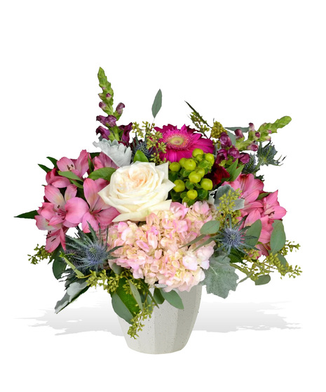 Garden Roses, Hydrangea, Rose Lilies, Snapdragons, Eryngium and more in a Bonna Pot from Accent Decor