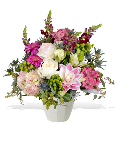 Garden Roses, Hydrangea, Rose Lilies, Snapdragons, Eryngium and more in a Bonna Pot from Accent Decor