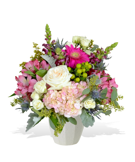Garden Roses, Hydrangea, Rose Lilies, Snapdragons, Eryngium and more in a Bonna Pot from Accent Decor