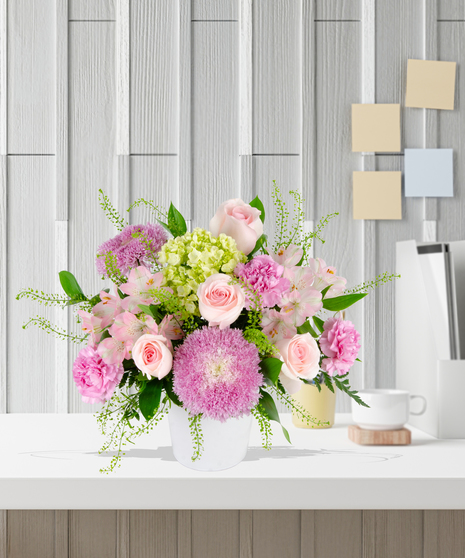 Blooms for Mom Flower Arrangement: A classy mix of pink and green flowers  in a beautiful vase