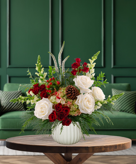 Christmas Crush flower arrangement with white roses, red roses, blush hydrangeas, white snapdragons, pine cones, red berries, and evergreen in a textured white vase