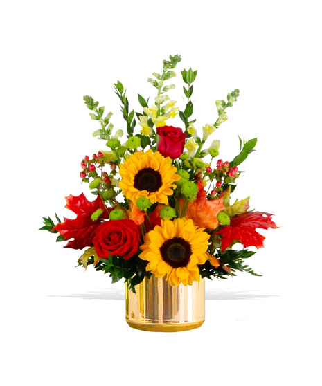 red roses yellow snapdragons sunflowers green button poms autumn fall arrangement delivered same day billy heroman's  baton rouge florist