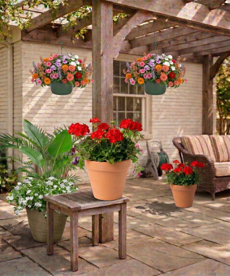 Outdoor patio scene with  pre-planted container gardens including hanging baskets, floor planters with pink geraniums, green foliage, illustrating the Instant Patio Package.