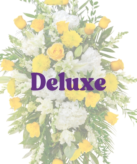 Yellow and white standing spray with roses, mums, and hydrangeas on an easel from Billy Heroman’s