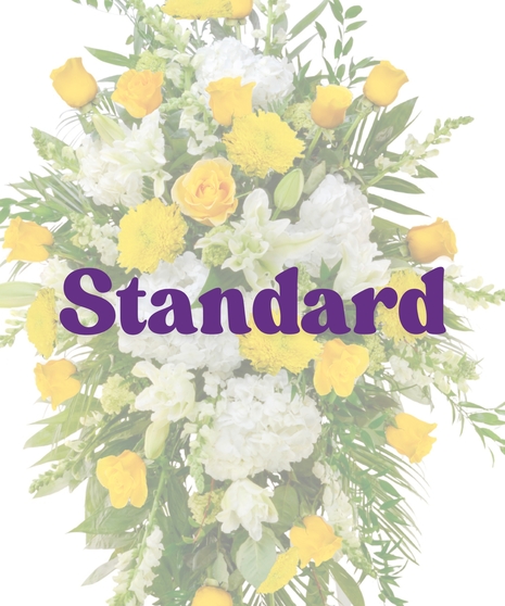 Yellow and white standing spray with roses, mums, and hydrangeas on an easel from Billy Heroman’s