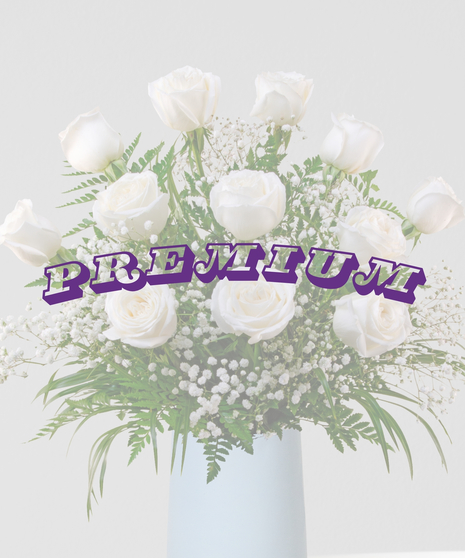 Baby Beau flower arrangement with a dozen white roses and baby’s breath in a soft blue vase for new baby boy