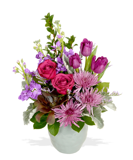 Blueberry roses, spider fuji mums, stock and more for February Birthdays delivered in Baton Rouge Louisiana Billy Heroman's