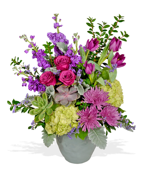 Blueberry roses, spider fuji mums, stock and more for February Birthdays delivered in Baton Rouge Louisiana Billy Heroman's