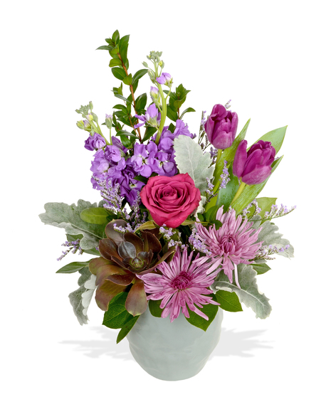 Blueberry roses, spider fuji mums, stock and more for February Birthdays delivered in Baton Rouge Louisiana Billy Heroman's