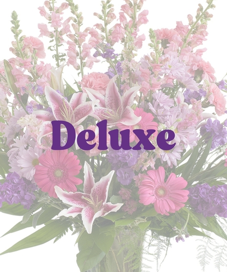 Feminine Vase Arrangement with rose lilies, snapdragons, gerbera daisies, daisies, and purple stock in a clear glass vase