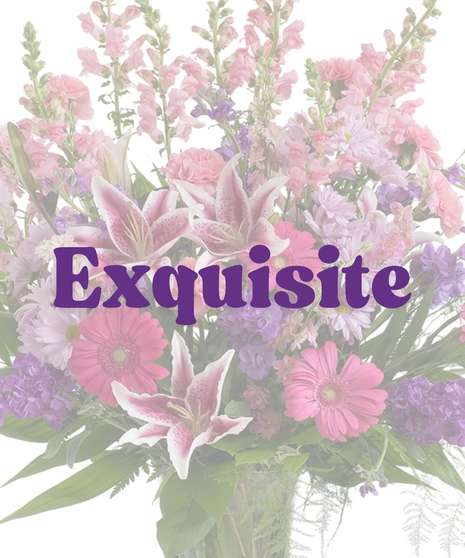 Feminine Vase Arrangement with rose lilies, snapdragons, gerbera daisies, daisies, and purple stock in a clear glass vase