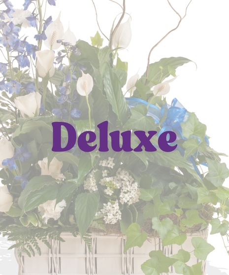 Sympathy garden basket with peace lilies, white roses, blue delphinium, and ivy in a white woven planter