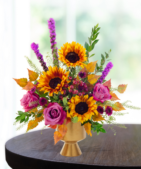 Geaux Gold LSU-inspired flower arrangement featuring gold and purple blooms by Billy Heroman’s in Baton Rouge, La