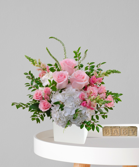It’s a Girl flower arrangement with pink roses, white hydrangeas, and snapdragons in an ivory cube vase