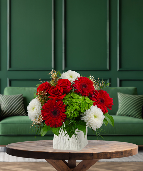 Gumdrop festive flower arrangement with red gerbera daisies, white cushion mums, green hydrangeas, green foliage, and gold accents in a unique white ceramic container