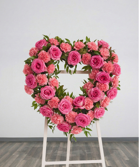 Roses & Carnations Heart Stand with pink roses, pink carnations, and greenery in a heart shape on a white easel