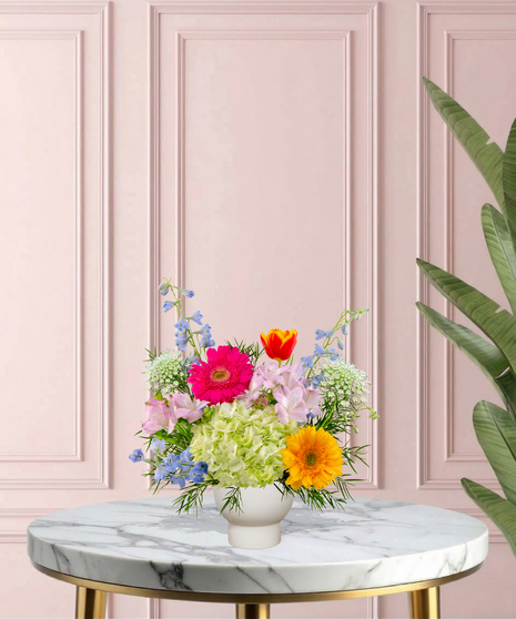 She Knows Best floral arrangement featuring coral garden roses, vibrant gerbera daisies, blue delphinium, and lime hydrangeas in a white pedestal vase.