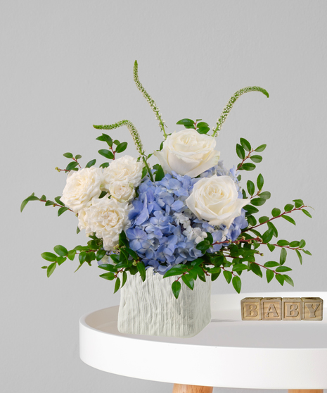Oh Boy baby boy flower arrangement in ivory cube with white roses, blue hydrangeas, and white snapdragons