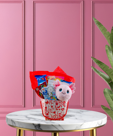 Lil Sweetheart Gift Basket from Billy Heroman’s in Baton Rouge, featuring a pink-and-white plush puppy and more in a heart-adorned box.