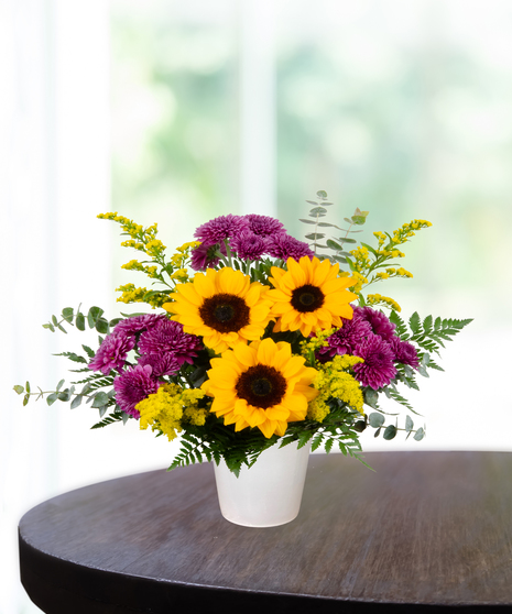 yellow roses, sunflowers, purple pom poms, purple liatris, yellow snapdragons, green hydrangea delivered in  Baton Rouge, LA Billy Heroman's