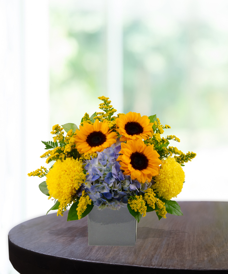 Main Squeeze floral arrangement featuring bright sunflowers, yellow roses, yellow pompon mums, and blue hydrangea in a gray ceramic vase
