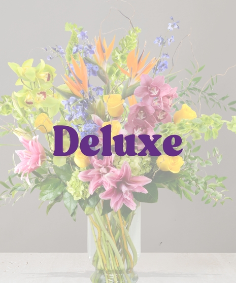Maui Signature flower arrangement with birds of paradise, pink lilies, green orchids, yellow roses, and blue delphinium in tall glass vase