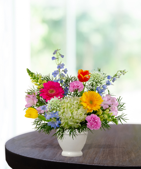 She Knows Best floral arrangement featuring coral garden roses, vibrant gerbera daisies, blue delphinium, and lime hydrangeas in a white pedestal vase.