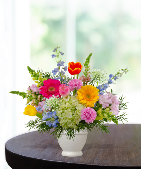 She Knows Best floral arrangement featuring coral garden roses, vibrant gerbera daisies, blue delphinium, and lime hydrangeas in a white pedestal vase.