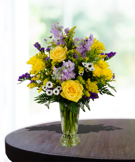purple and yellow flowers lsu arrangement yellow roses, lavender stock, purple statice, white lily rose delivered same day in Baton Rouge, LA from Billy Heroman's 