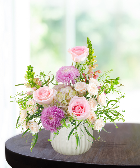 Opal Crush October birthday flower arrangement inspired by the opal birthstone with soft pastel blooms from Billy Heroman’s florist in Baton Rouge.