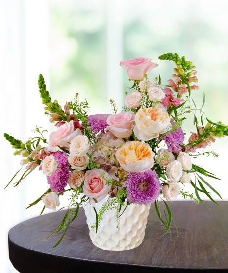 Opal Crush October birthday flower arrangement inspired by the opal birthstone with soft pastel blooms from Billy Heroman’s florist in Baton Rouge.