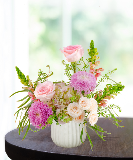 Opal Crush October birthday flower arrangement inspired by the opal birthstone with soft pastel blooms from Billy Heroman’s florist in Baton Rouge.