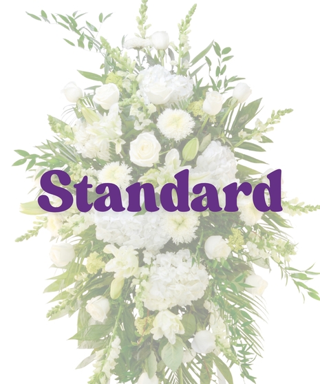 Peaceful Remembrance white funeral standing spray with roses, hydrangeas, and lilies on easel from Billy Heroman’s Florist in Baton Rouge, LA