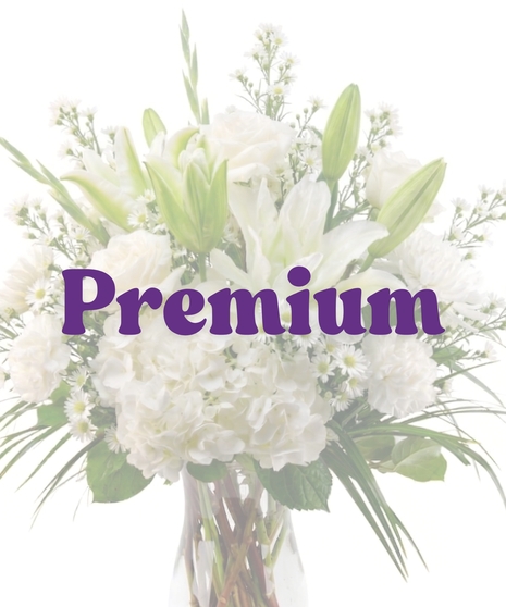 All-white floral arrangement of roses, hydrangea, and stock in a glass vase – Tranquility from Billy Heroman’s