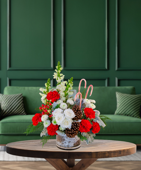 Peppermint Bark Christmas flower arrangement with white roses, red and white carnations, white mums, pine cones, evergreen, and candy canes in a birch-inspired vase