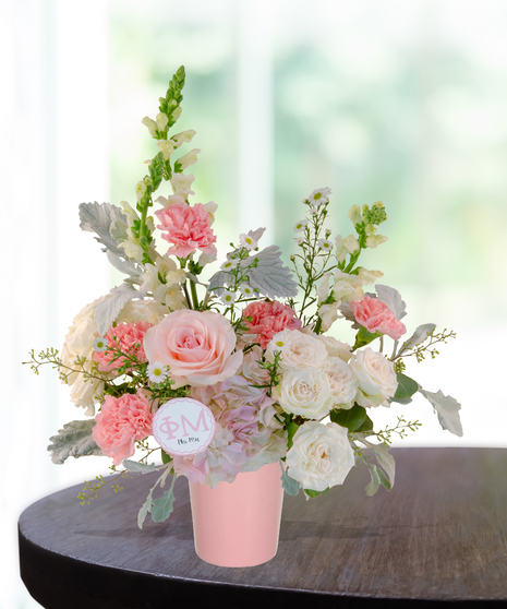 Phi Mu Pink Carnation Cube Arrangement with Pink and White ribbon for Rush Week delivered Baton Rouge LA